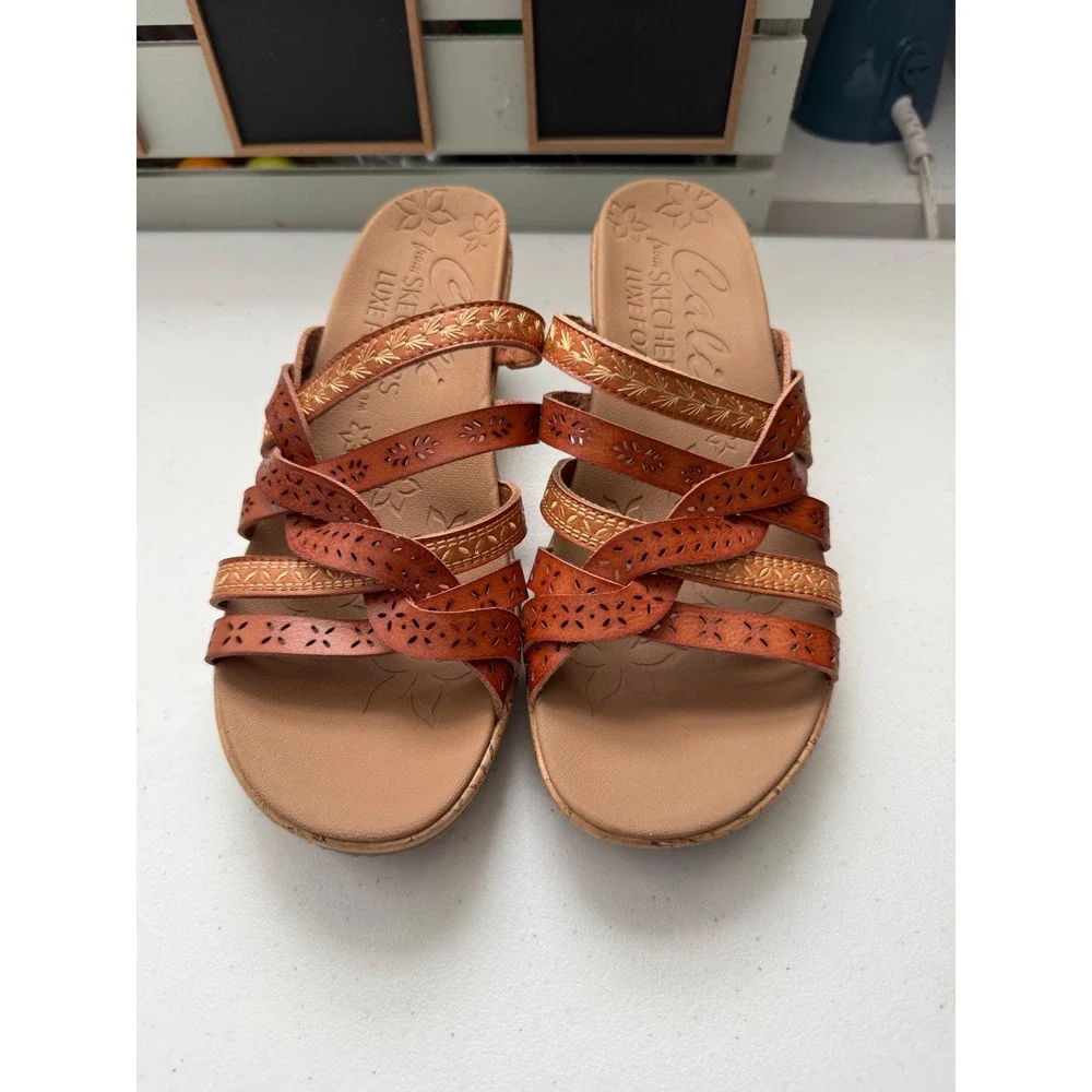 Skechers Cali Luxe Foam Womens Brown Strappy Cork Wedge Sandals Sz 8